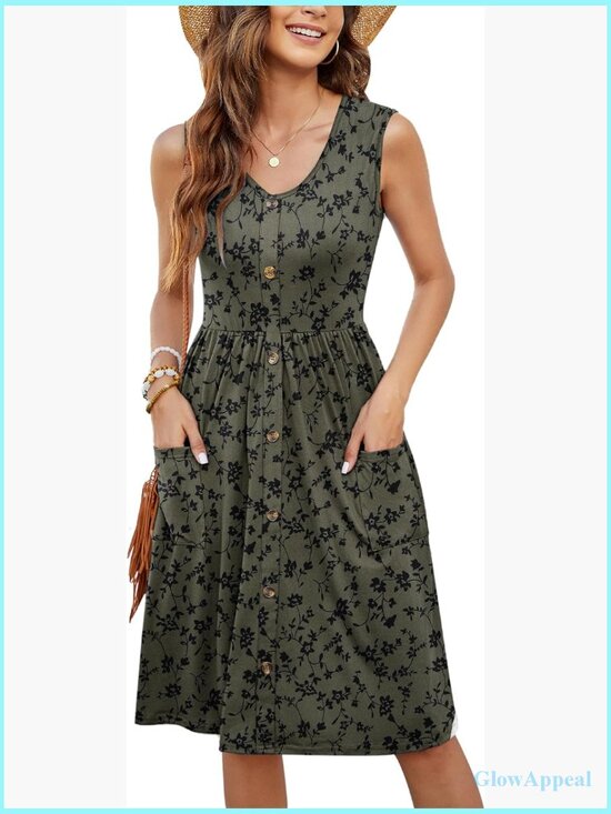 Dresses & Skirts - Sleeveless Swing Midi Dress with Pockets Casual Button Down